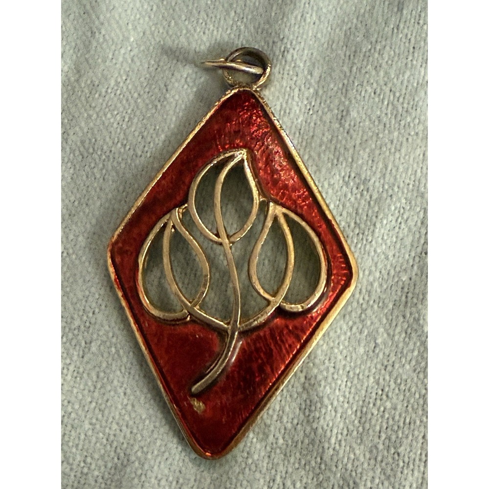 Vintage 1960s Austria Red Enamel Gold Tone Diamond Shape Leaf Pendant Charm